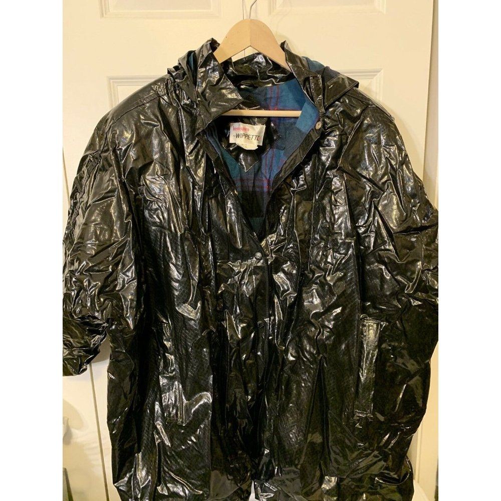 Vintage Kenn‎ Sporn for Wippette Black Vinyl Plaid Rain Jacket Sz XL One …